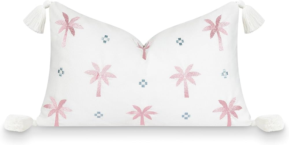 Hofdeco Premium Coastal Patio Indoor Outdoor Lumbar Pillow Cover Only, 12"x20" Water Repellent for Backyard, Couch, Baby Blue Blush Pink Embroidered Coconut Tree Tassel | Amazon (US)