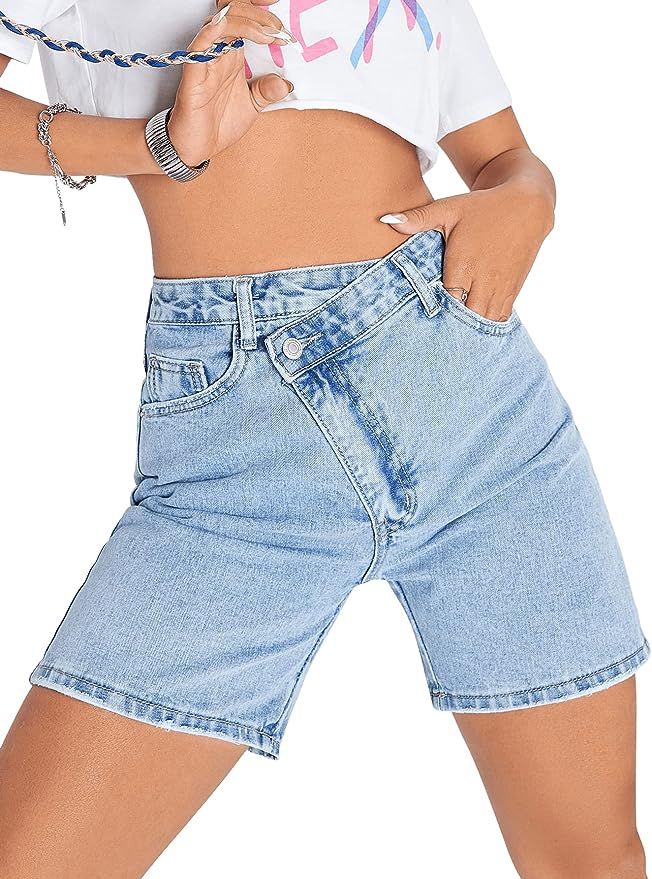 SweatyRocks Women's High Waisted Straight Leg Denim Shorts Asymmetrical Summer Jean Shorts with P... | Amazon (US)