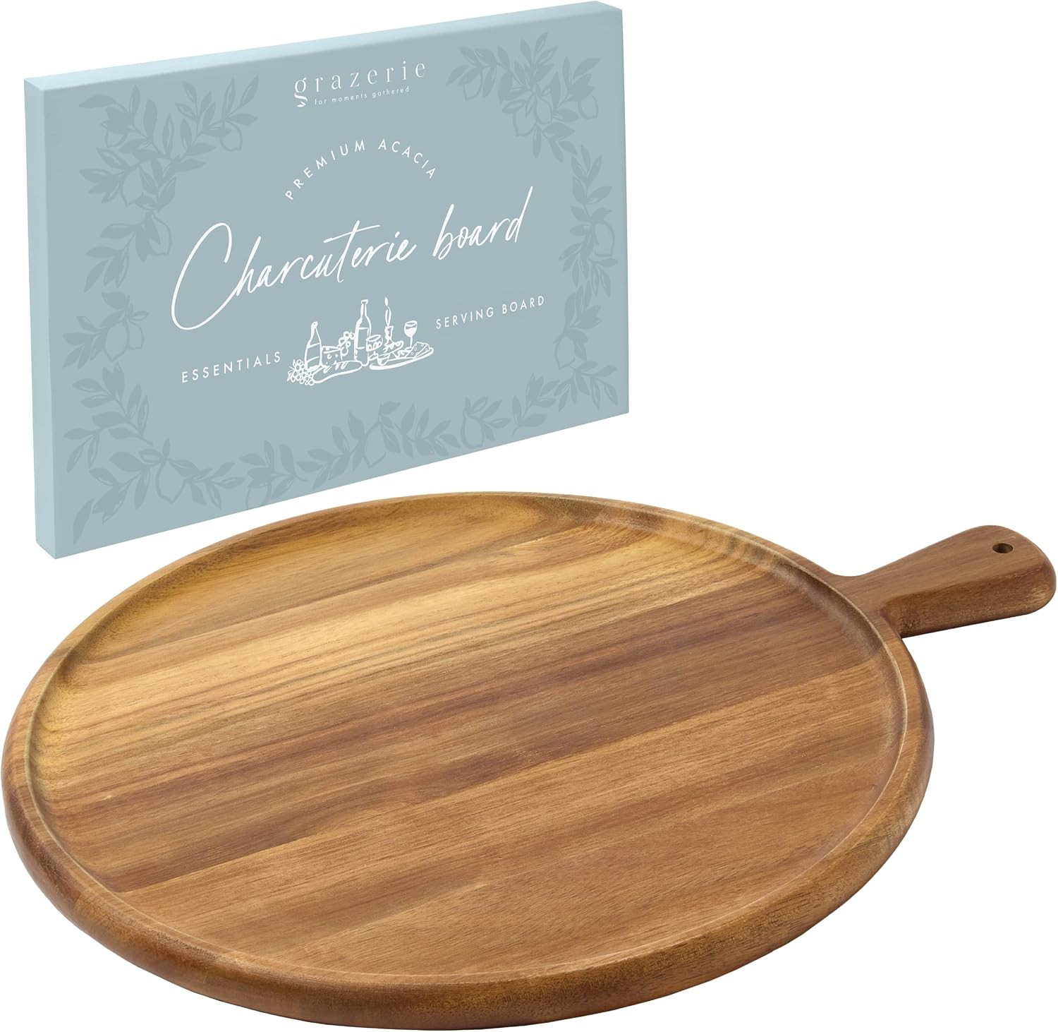 Charcuterie Board - Round Acacia Wood Cutting Board for Kitchen with Handle, Cheese Board for Chopping Vegetables, Bread, Fruits, Meat - Decorative Wooden Serving Tray House Warming Gift | Amazon (US)