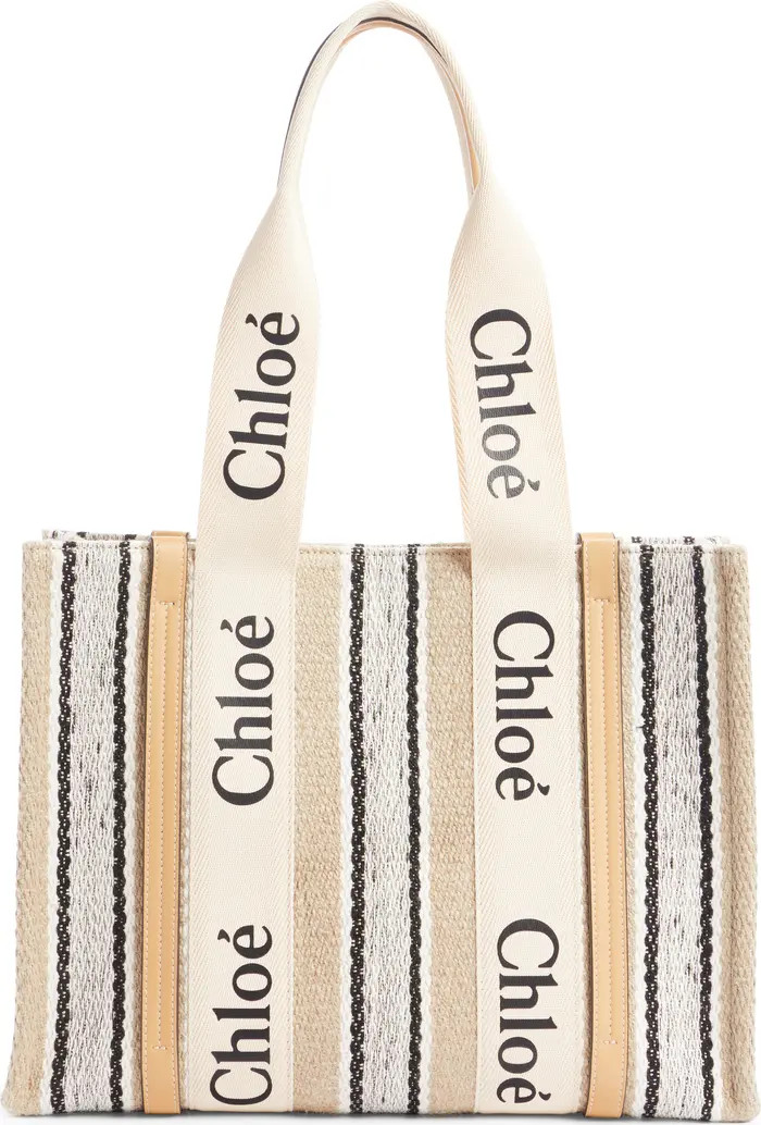 Medium Woody Logo Strap Stripe Linen Tote | Nordstrom