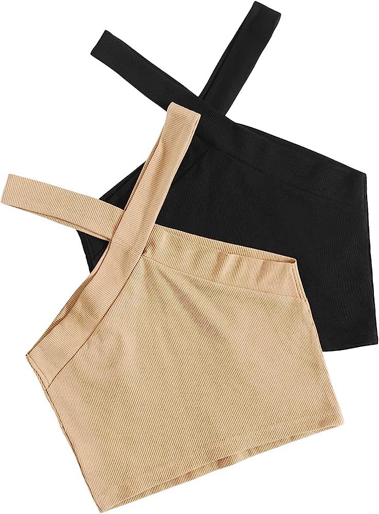 SheIn Women's 2 Packs Crisscross Sleeveless Crop Halter Top Rib Knit Solid Tanks | Amazon (US)