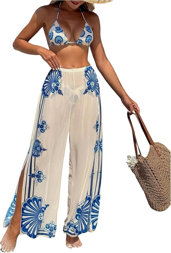 SHENHE Women's 3 Piece Swimsuits with Pants Triangle Halter String Bikini Set and Cover Up | Amazon (US)