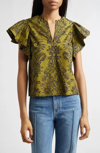 Ulla Johnson Severine Floral Cotton Flutter Sleeve Top | Nordstrom | Nordstrom
