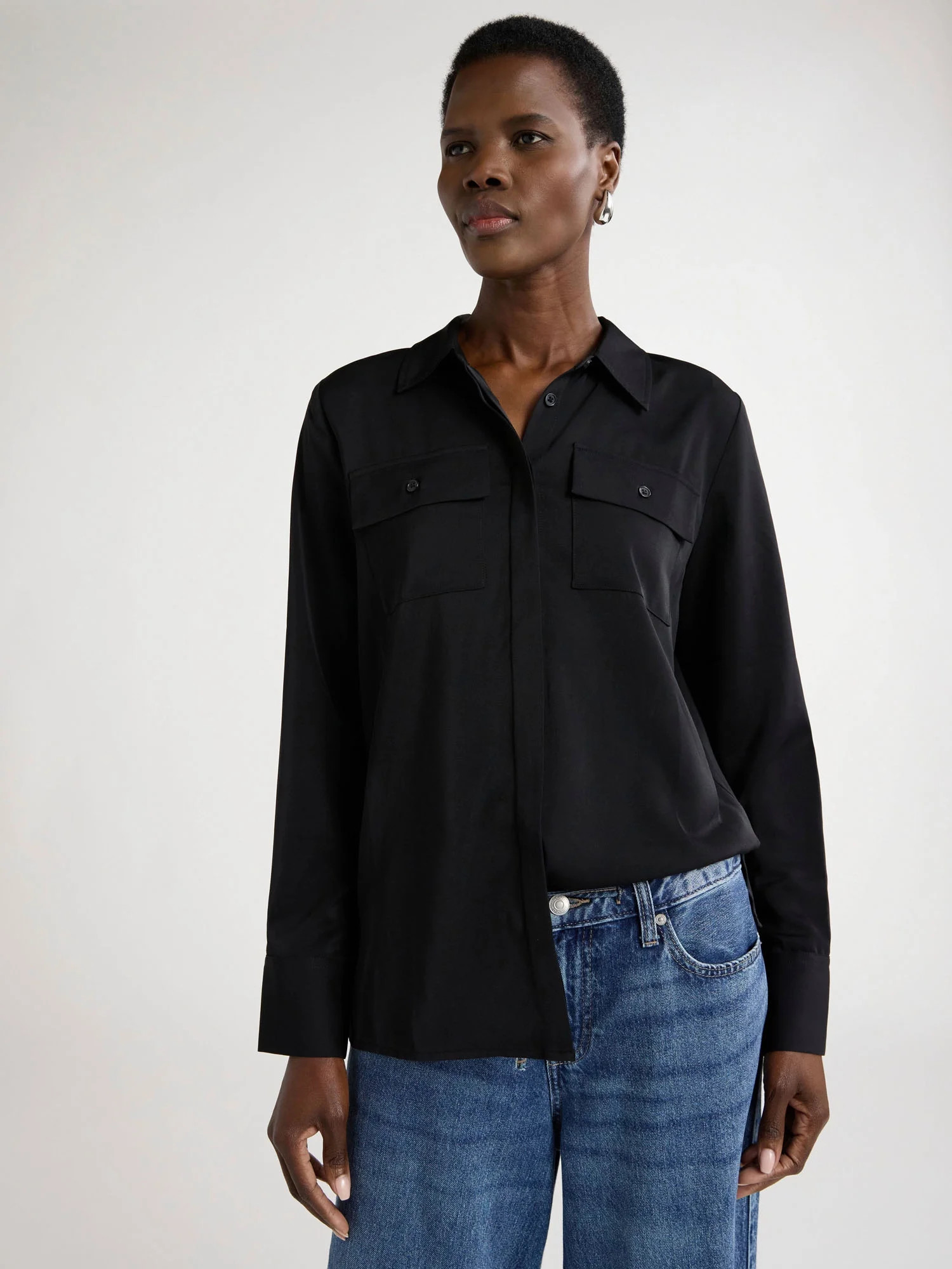 Scoop Women’s Ultimate Button Down Blouse with Two Pockets, Sizes XS-4X | Walmart (US)