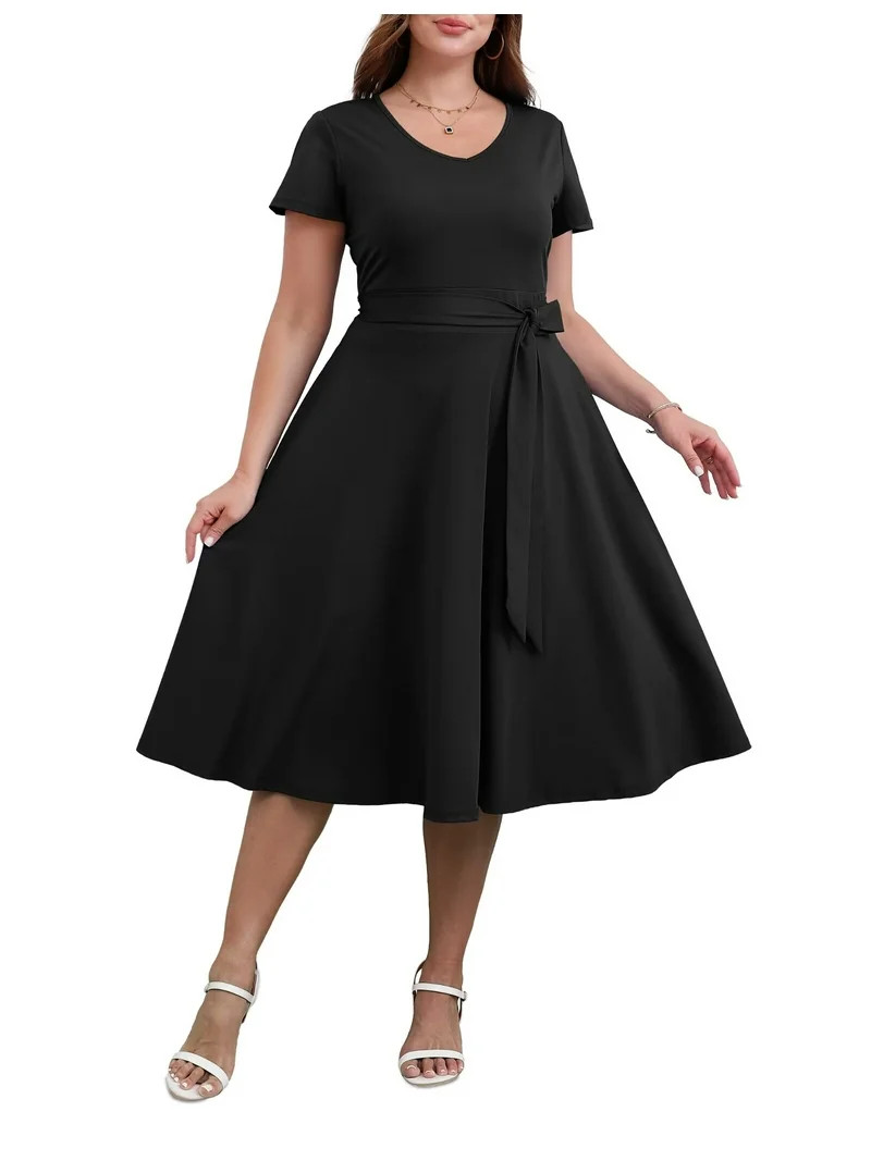 FOLUNSI Women's Plus size Dresses Casual V-Neck Midi Dress Wedding Guest Dress with Pockets Black... | Walmart (US)