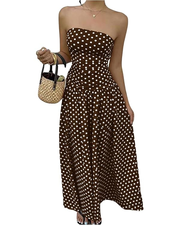 GORGLITTER Women's Polka Dots Strapless Ruffle Tube Dress Ruched Sleeveless Maxi Dresses | Amazon (US)