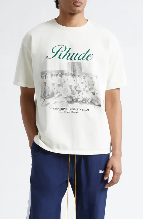 Rhude Virgin Islands Script Logo Graphic T-Shirt in Vintage White/Black/Green at Nordstrom, Size Medium | Nordstrom