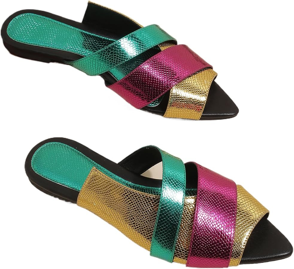 Women's Leather Fashion Flat Slides Sandals Comfort Summer Slip On Pointed Open Toe Slingback Cas... | Amazon (US)