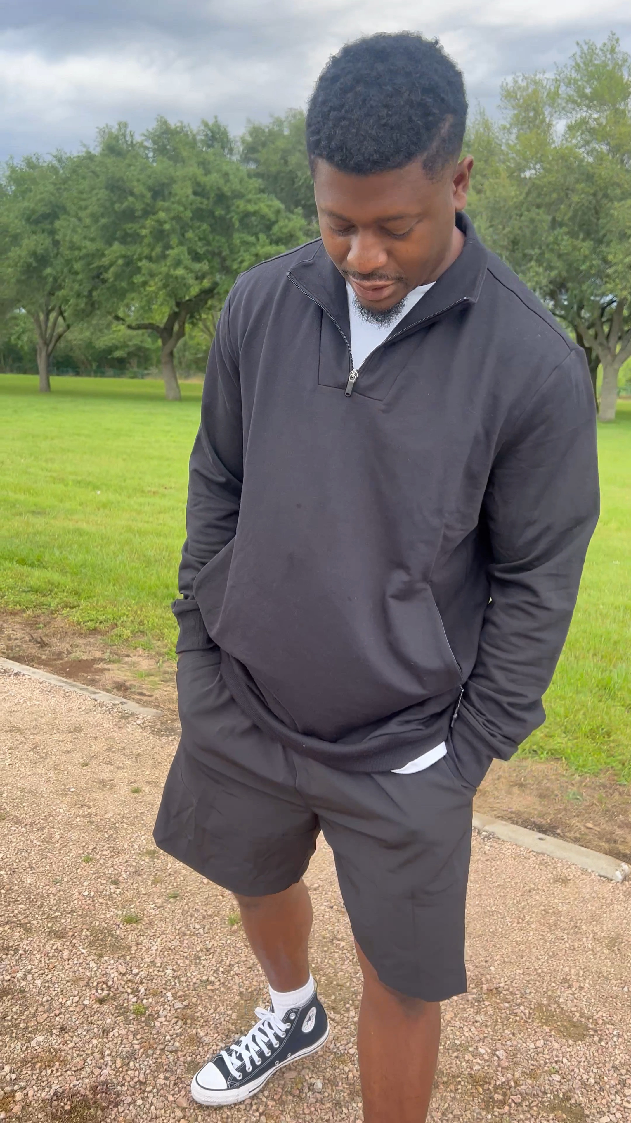 Black and white Chuck Taylor, black pullover jacket, lightweight jogger shorts, white tee 

#LTKsalealert #LTKfit #LTKshoecrush