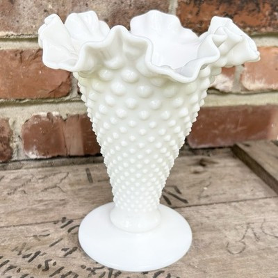 Large Vintage Fenton Milk Glass Trumpet Vase Hobnail Ruffle White Wedding Decor | eBay US