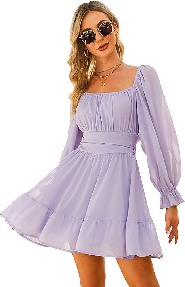 EXLURA Women Tie Back Summer Dresses Long Lantern Sleeve Square Neck Ruffle Elastic Waist Aline C... | Amazon (US)