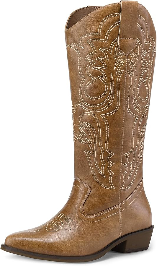mysoft Women's Cowboy Boots Mid Calf Cowgirl Boots Embroidered Western Pointed Toe Chunky Heel Pu... | Amazon (US)
