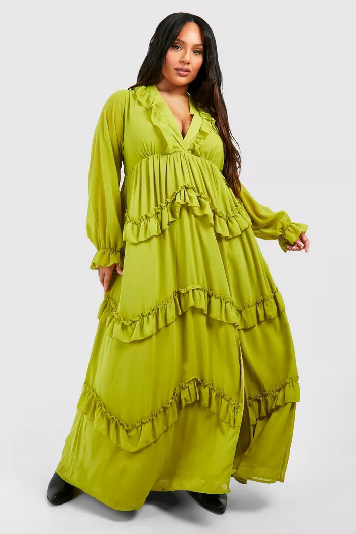 Plus Frill Plunge Ruffle Maxi Dress | boohoo (US & Canada)
