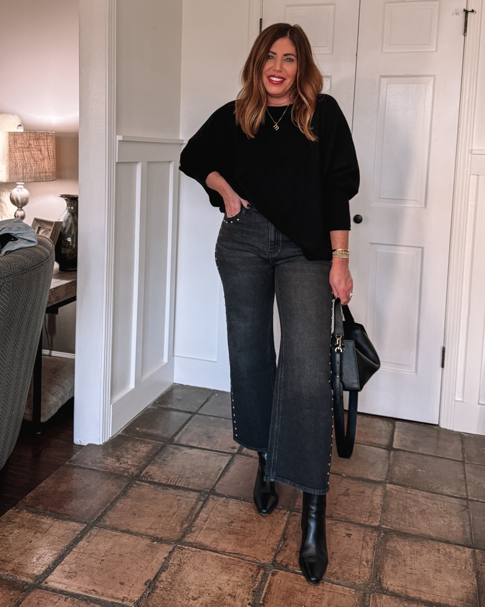 The cutest outfit from quince! Perfect for a night out!

High rise, relaxed, straight leg, studded denim/size 29. The perfect amount of stretch they’re super comfy and so cute.

Oversized bat wing cashmere sweater I have been wanting the sweater for a while. I love it. It’s lightweight and flowy and the fit is so good. You can wear it with jeans, trouser pants, skirts, and more. I sized up to the large for a more oversized fit.


#LTKootd #LTKOver40 #LTKFindsUnder100