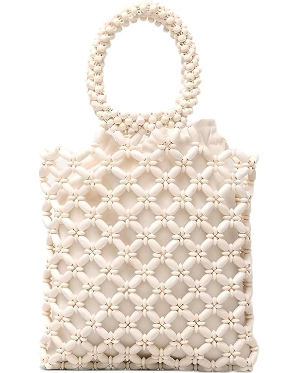 YYW Unique Handmade Wooden Bead Tote Bag for Women, Small Handwoven Clutch Purses Woven Bucket Ha... | Amazon (US)
