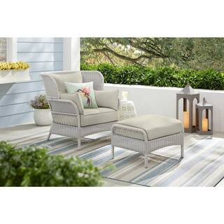 Hampton Bay Pinecroft French Linen 2-Piece Wicker Outdoor Lounge Chair and Ottman with CushionGua... | The Home Depot