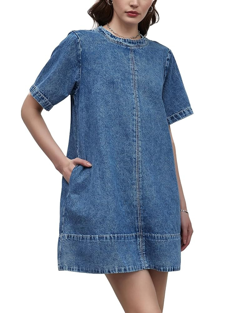 LifeShe Denim Dress for Women Summer Casual Short Sleeve Chambray Mini Jean Dresses with Pockets | Amazon (US)