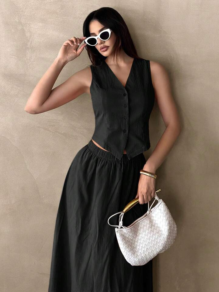 SHEIN Essnce Ladies' Fashionable Solid Color Sleeveless Suit Skirt Set Wedding Guest Summer Outfi... | SHEIN