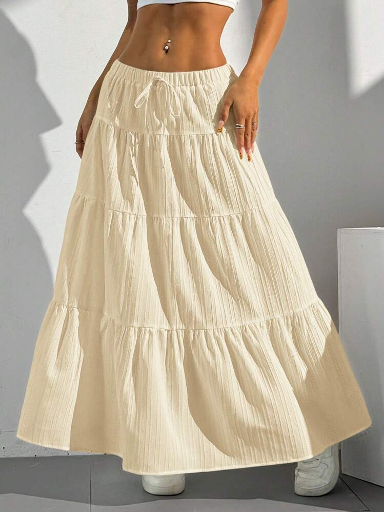 SHEIN EZwear Dames Effen Kleur Voorkant Strik Geplooide Taille Minimalistische A-Lijn Rok, Casual Dagelijkse Slijtage | SHEIN