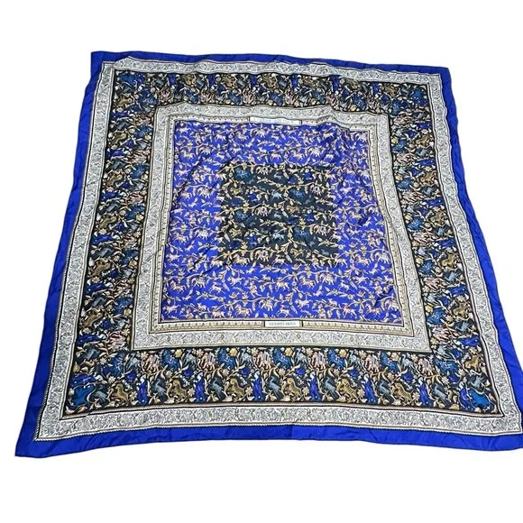 Hermes Scarf CHASSE EN INDE Hunting Scene Storyteller Blue Cream Gold 35x35 VTG | Poshmark