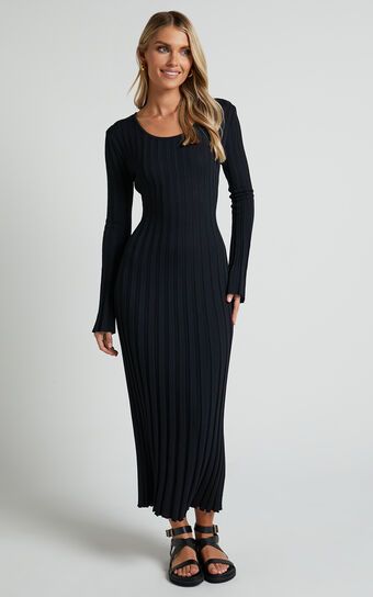 Blaire Midi Dress - Long Sleeve Tie Back Flare Dress in Black | Showpo (US, UK & Europe)