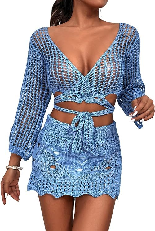 MakeMeChic Women's 2 Piece Crochet Hollow Out Swimsuit Cover Up Beach Skirt Set | Amazon (US)