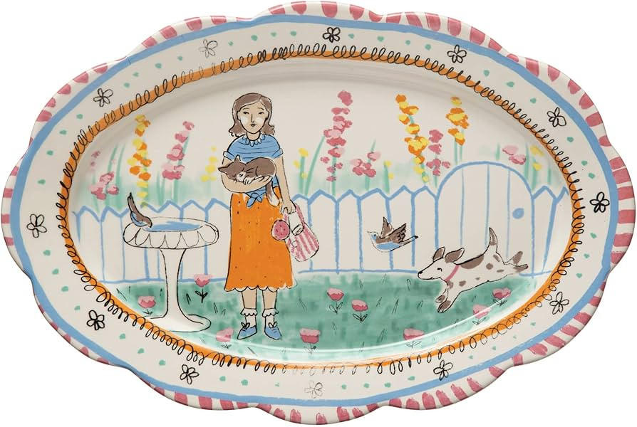 Creative Co-Op Decorative Ceramic Painted Illustration and Scalloped Edge, Multicolor Platter, Mu... | Amazon (US)