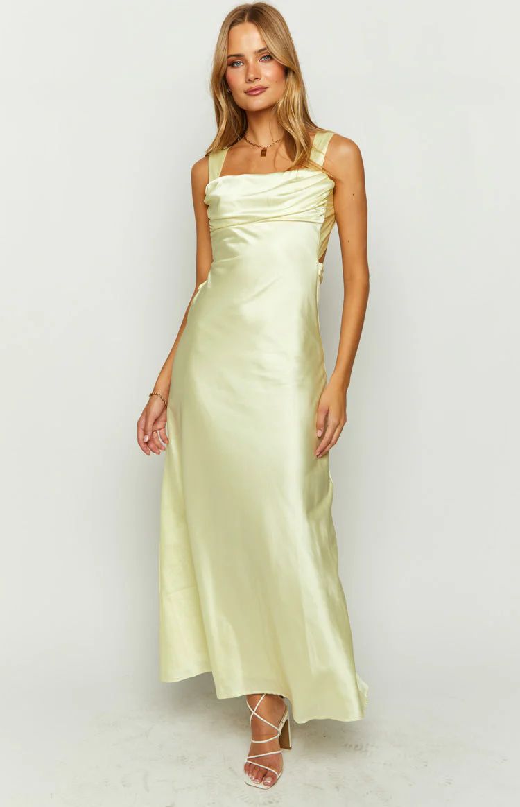 Laria Yellow Satin Formal Maxi Dress | Beginning Boutique (US)
