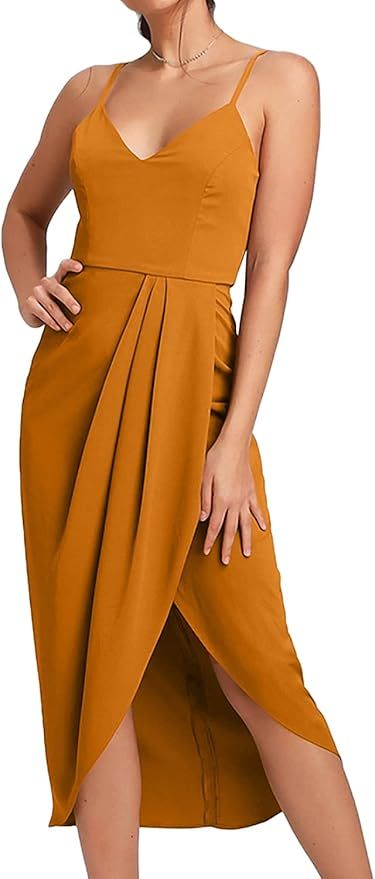 Allimy Women Elegant V Neck High-Low Cocktail Midi Dresses Overlapping Panel Party Dress | Amazon (US)