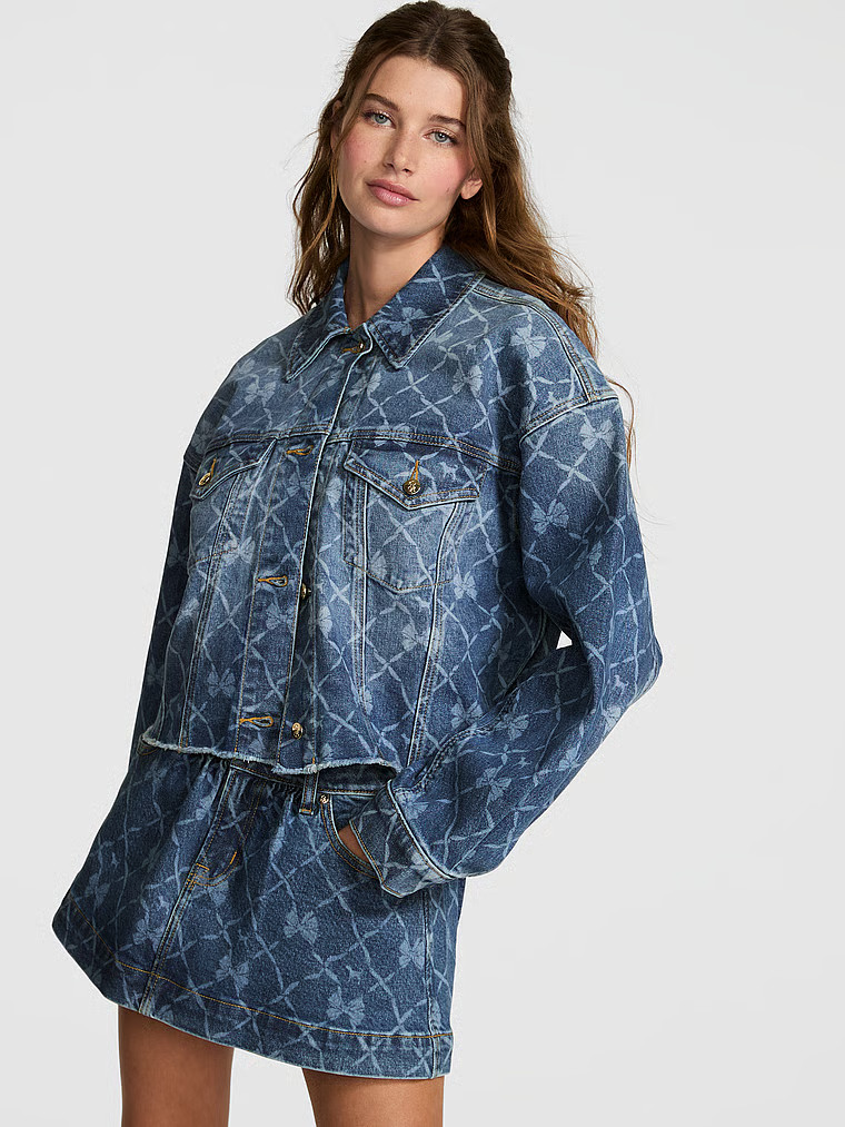 Buy PINK x LoveShackFancy Cropped Denim Jacket, Bright Medium Wash - Order Jackets & Outerwear on... | Victoria's Secret (US / CA )