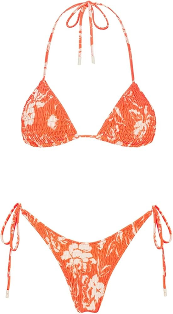 Amazon.com: VOLAFA Women's Triangle Bikini Set String Swimsuit Print Tie Smocked Ruched Two Piece... | Amazon (US)