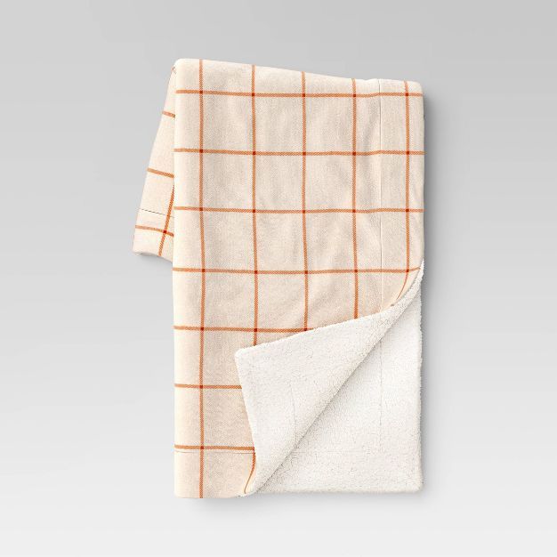 Windowpane Printed Plush Throw Blanket with Faux Shearing Ivory/Orange - Threshold™ | Target