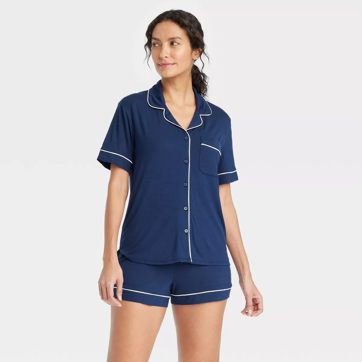 Women's Cloud Knit Short Sleeve Notch Collar Shirt and Shorts Pajama Set - Auden™ | Target