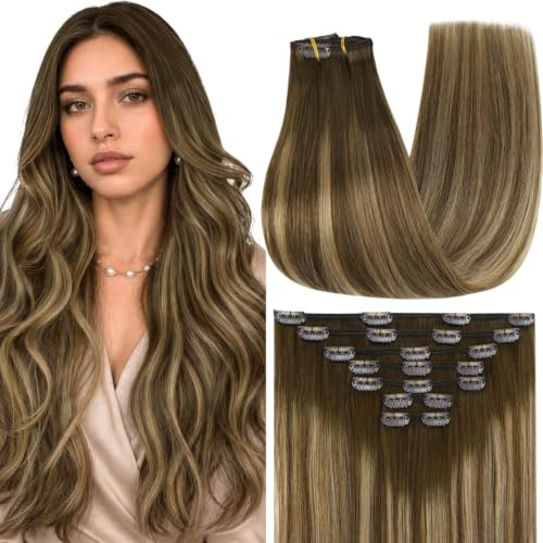 Full Shine Clip in Hair Extensions Real Human Hair Brown Balayage | Amazon (US)
