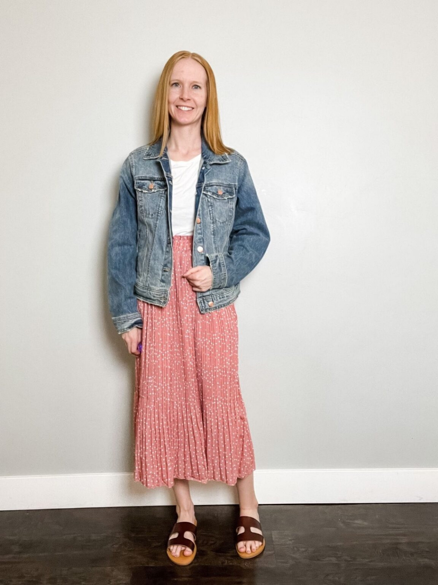 Wearing size XS in jean jacket and size XS in skirt. Pink midi skirt outfit, jean jacket outfit, denim jacket outfit, women’s fashion, spring style, summer style, spring fashion, summer fashion, modest fashion  

#LTKstyletip #LTKSeasonal #LTKfit