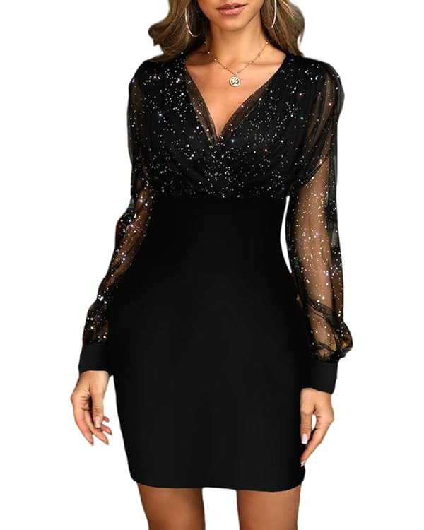 CHICME Women's Glitter Party Dress 2025 V-Neck Mesh Sheer Lantern Sleeve Mini Dresses Zipper Back... | Amazon (US)