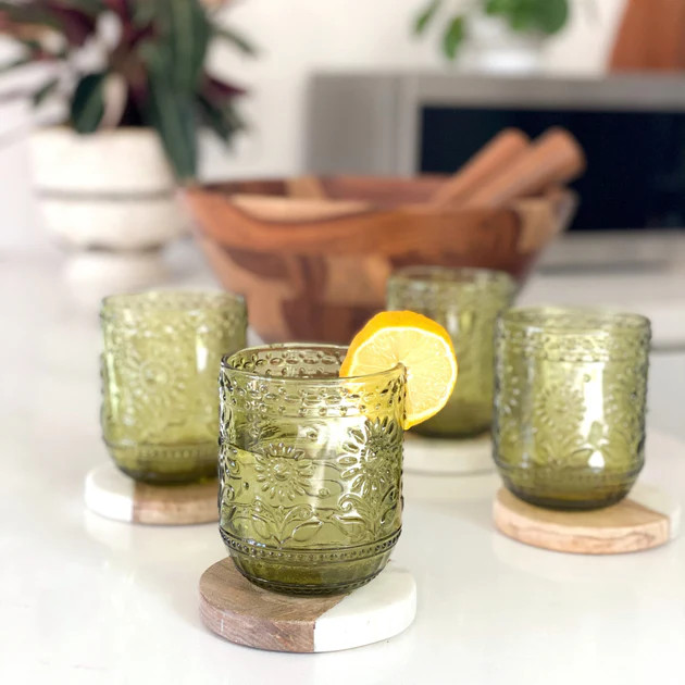 Petra Embossed Drinking Glasses, Green, Set of 4 | Pepper + Vetiver