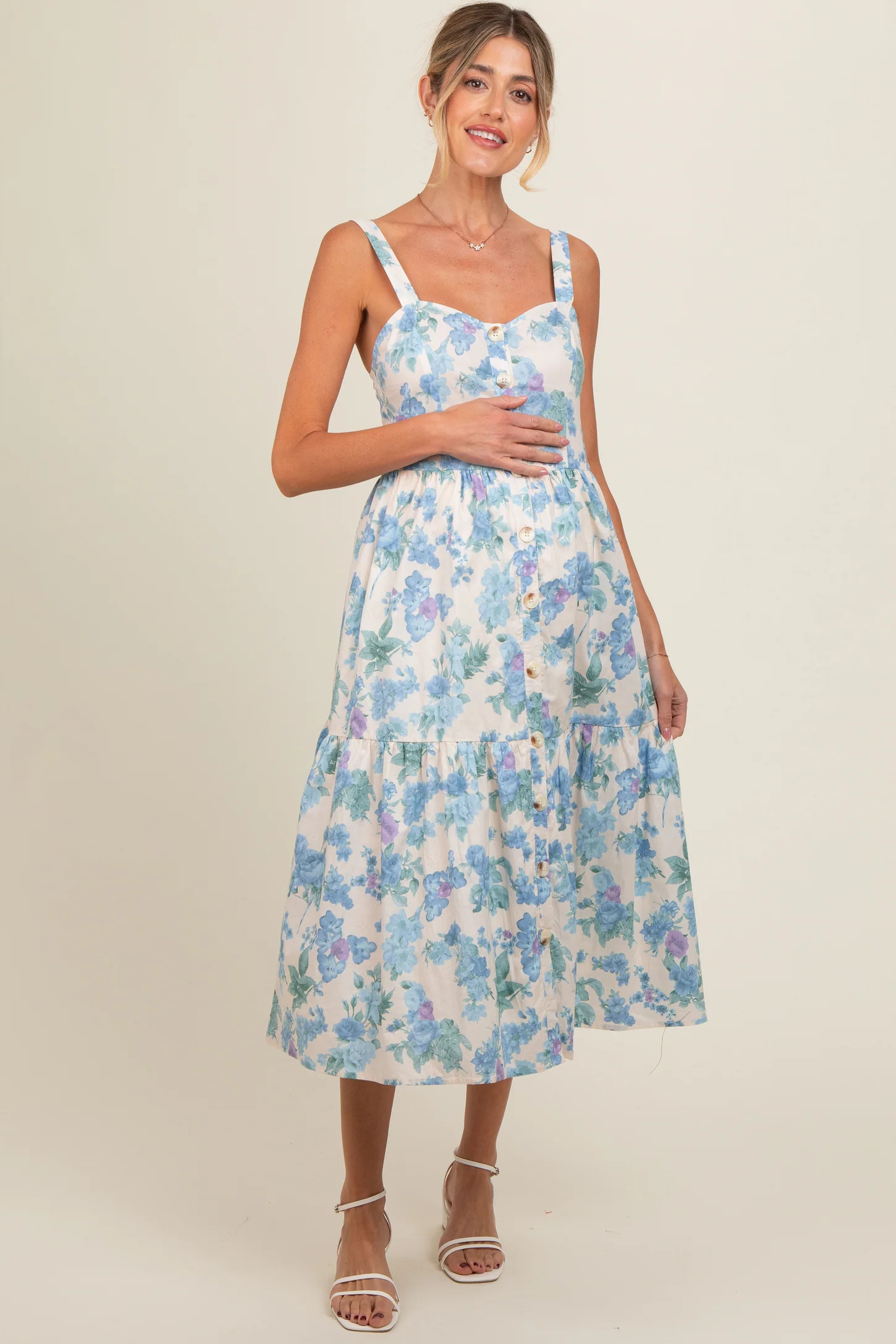 Blue Floral Sweetheart Neck Button Front Maternity Midi Dress | PinkBlush Maternity