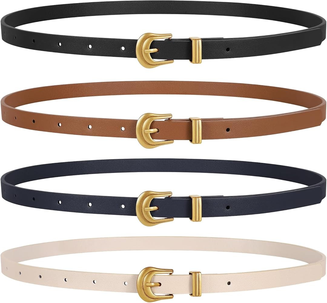 JASGOOD 4 Pack Women's Skinny Vintage Leather Belt Ladies Thin Waist Belt with Retro Dark Gold Bu... | Amazon (US)