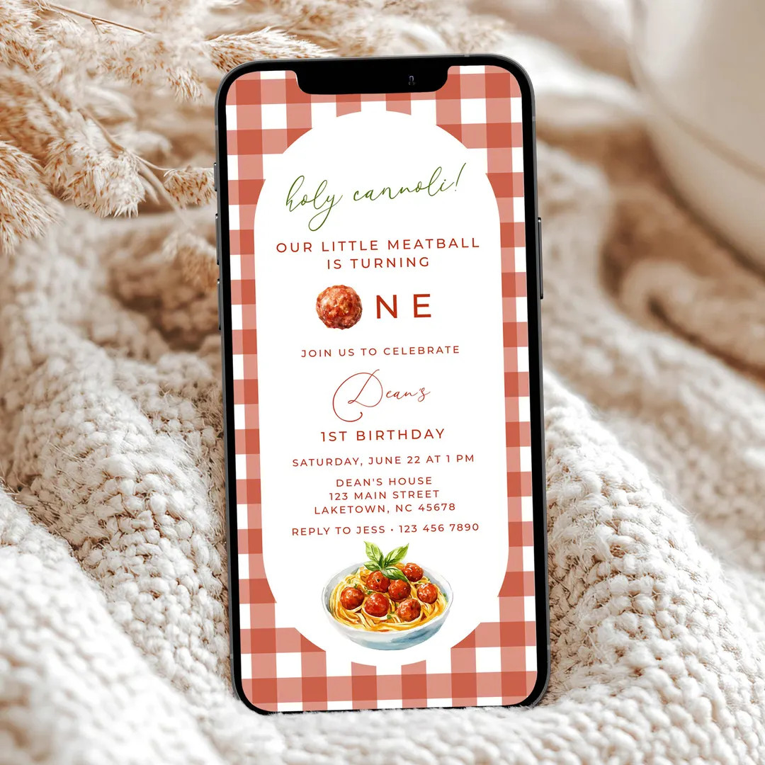 Our Little Meatball 1st Birthday Invitation, Gingham Italian Spaghetti First Birthday Invite Temp... | Etsy (US)