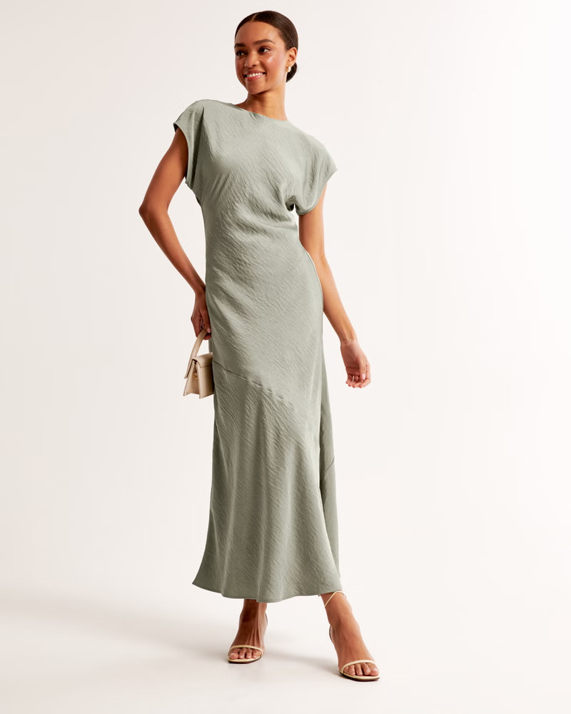 Short-Sleeve Crinkle Satin Maxi Dress | Abercrombie & Fitch (US)