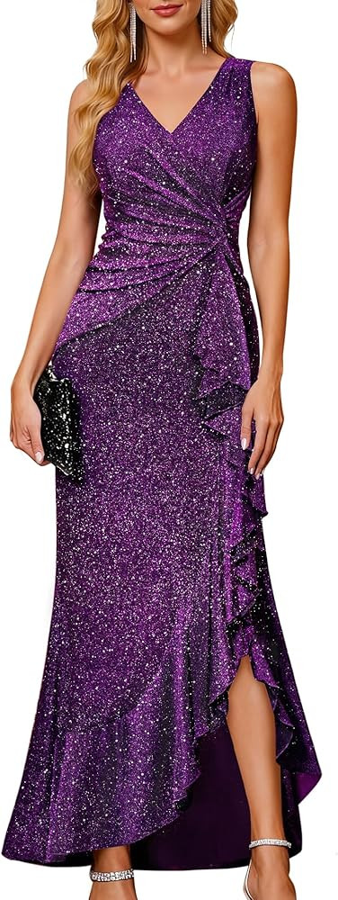 BeryLove Sequin Formal Wedding Guest Prom Cocktail Party Long Ruffle Dresses Sparkly Evening Moth... | Amazon (US)