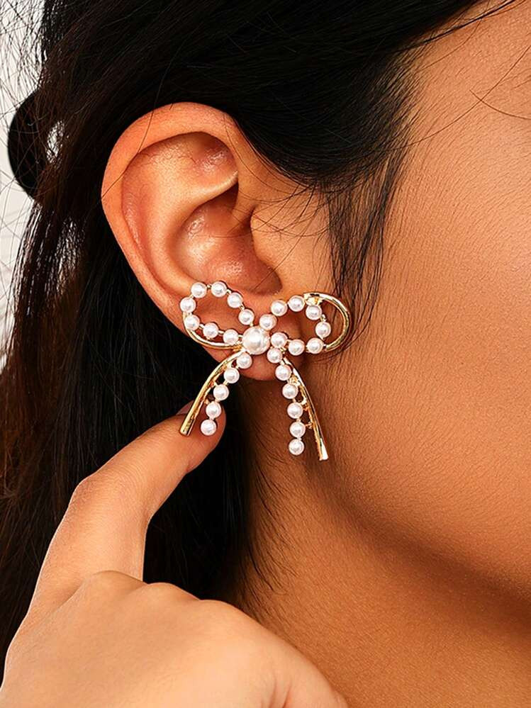 1 Pair Elegant Metal Double-Layer Faux Pearl Bow Earrings, Suitable For Parties And Banquets, A G... | SHEIN
