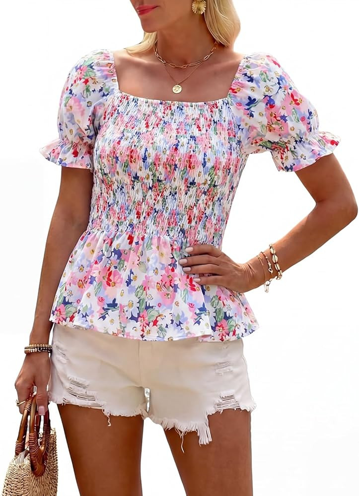 Womens Puff Short Sleeve Babydoll Tops Floral Summer Peplum Blouse Smocked Square Neck Loose Fit ... | Amazon (US)