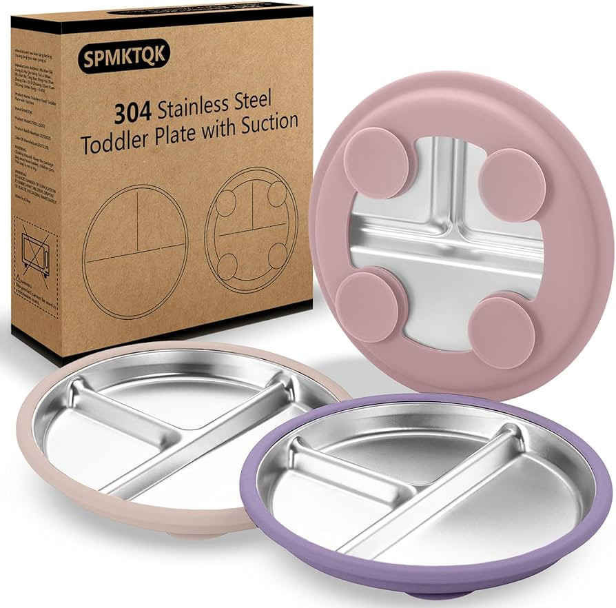 SPMKTQK 3 Pack Stainless Steel Kids Plates with Suction, 8.1\u201d Divided Toddler & Baby Plates,... | Amazon (US)