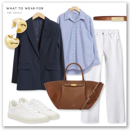 A casual smart workwear look 

Office, blazer, shirt, & other stories, white jeans, mango, Veja trainers, demellier tote bag, Ralph Laurent belt, navy blue, high street 

#LTKworkwear #LTKeurope #LTKstyletip