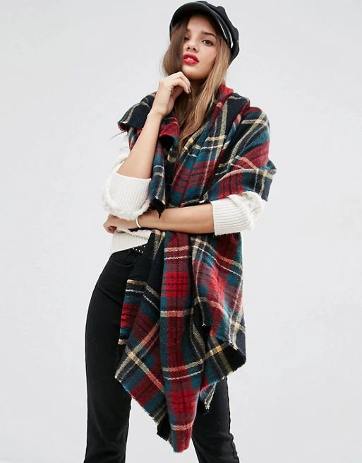 ASOS Oversized Square Scarf in Black Based Plaid Check at asos.com | ASOS US