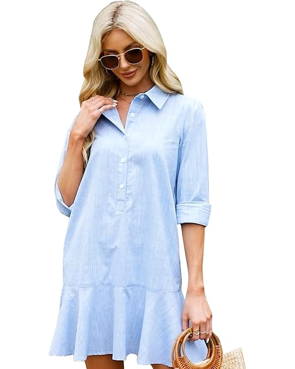 Women's Tunic Mini Shirt Dress Cotton Long Sleeve Ruffle Hem Dress Button Up Shift Chambray Dress... | Amazon (US)