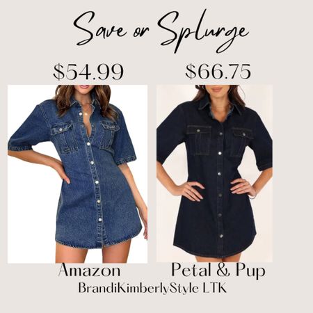 It’s Save or Splurge! A denim dress is exactly what you need for the summer 💙 Save with Amazon and it comes in other Blue Jean washes. You can Splurge with Petal & Pup it comes in dark denim or white.  The price difference isn’t  huge. Both are good options 💙 These dresses would be super cute with cowboy boots 👢 BrandiKimberlyStyle, summer fashion, summer outfit

#LTKOver40 #LTKStyleTip #LTKSeasonal