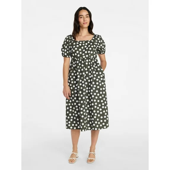 Time and Tru Women's and Women's Plus Cotton Back Tie Midi Dress with Short Puff Sleeves, Sizes X... | Walmart (US)